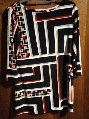 Style & Co. Black White and Red Geometric Print Boatneck Blouse